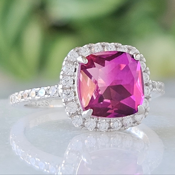Pink Topaz Cushion Square Gemstone Ring, 925 Sterling Silver Charmed Aroma - Picture 1 of 9